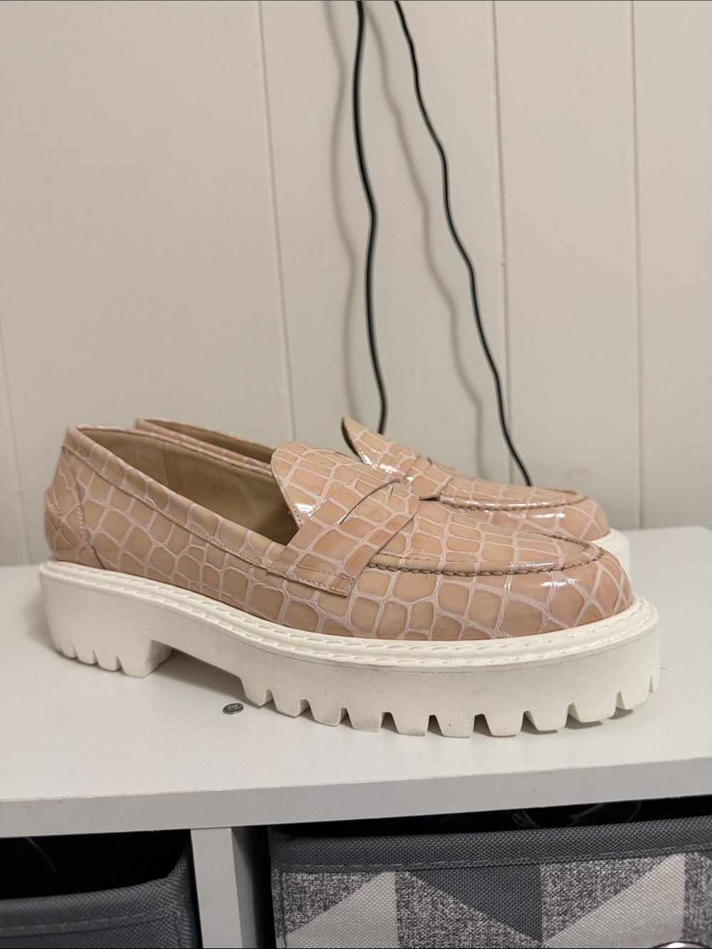 Croc-Embossed Platform Loafers in Blush Pink